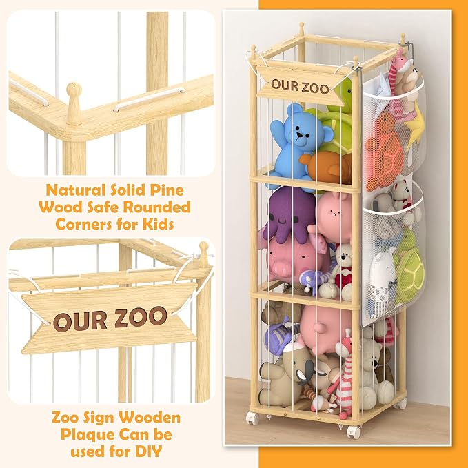 Stuffed Animal Storage,Wooden Zoo Toy Organizer with Wheels & Hanging Net, Cute Plush Toy Display Stand for Kids Bedroom, Playroom & Nursery Decor, Perfect White Elephant Gift for Boys & Girls