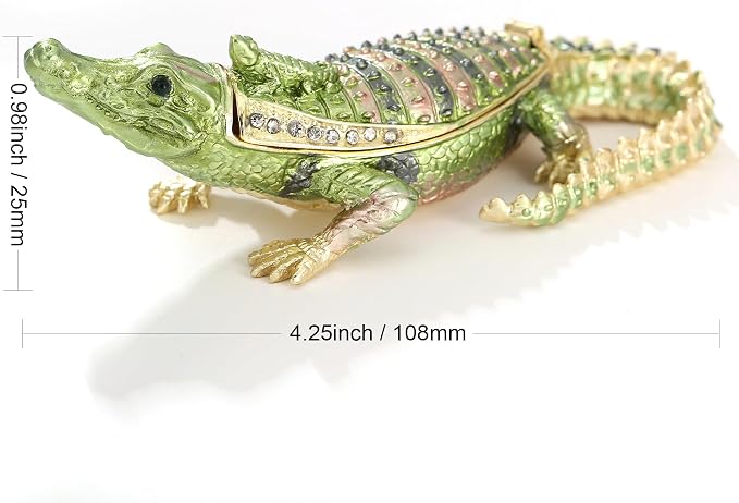 Hand Painted Animal Trinket Box for Home Decor, Hinged Jewelry Organizer Storage, Unique Personalized Collectible Keepsake Figurine Handmade Decorative Ornament Gifts (Crocodile)