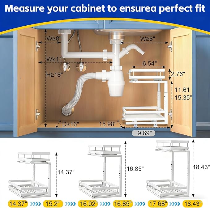2-Tier Under Sink Organizer, Metal Pull Out Shelf, White | Carbon steel 2-tier shelf, ball-bearing pull-out, adjustable height, no-drill setup, for bathroom and kitchen cabinets