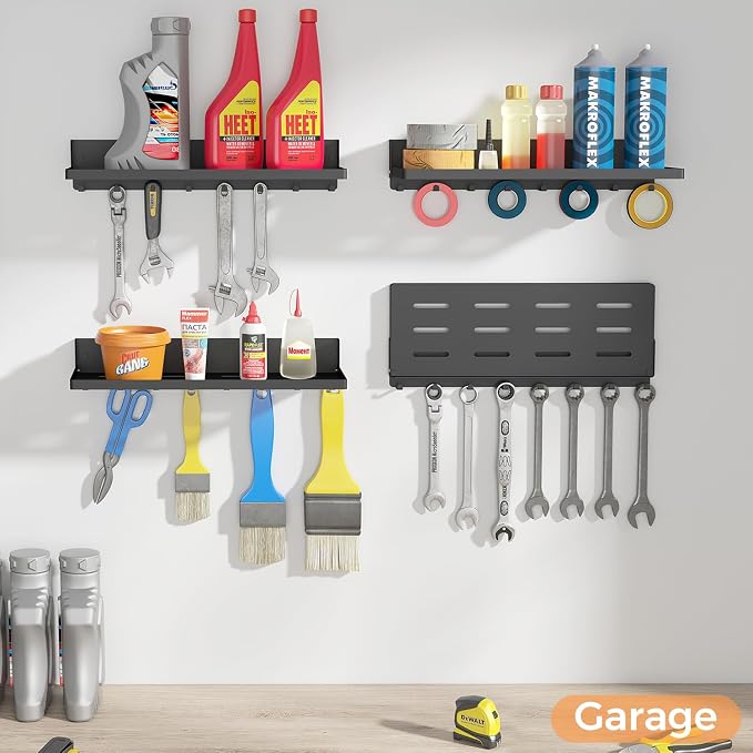 Folding Metal Shelf with Hooks, Wall Mounted Laundry Room Shelf, 8 Hooks & 90° Fold Up, Fold-Down for Rv, Bathroom, Kitchen, Garage, Space Saving, Small Space, Black（17.0", 1 Pack）