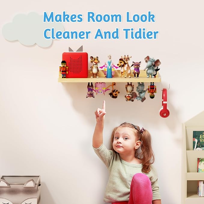 for Tonies Shelf Magnetic - 1 Tier Wooden Tonies Figure Organizer, Natural | Tonies Box Holder, Magnetic Display Shelf for Kids Room, Wall Floating Shelves Toy Storage Compatible Charging Station
