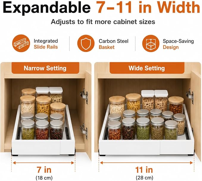 Pull Out Cabinet Organizer, Expandable 7"-11" Slide Out Cabinet Drawer, No Drilling Cabinet Organizer with Adhesive Nano Film for Kitchen Pantry Bathroom Under Sink Storage