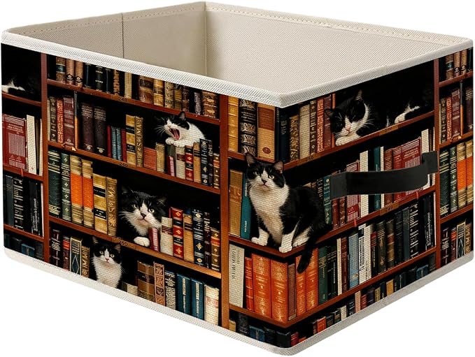 Vintage Tuxedo Cat Book Lovers Storage Bin Box with Handles, Retro Cat Bookish Foldable Organizer Basket Toybox for Reading Corner Room Library Bedroom Bathroom Home Clothes Toys Books