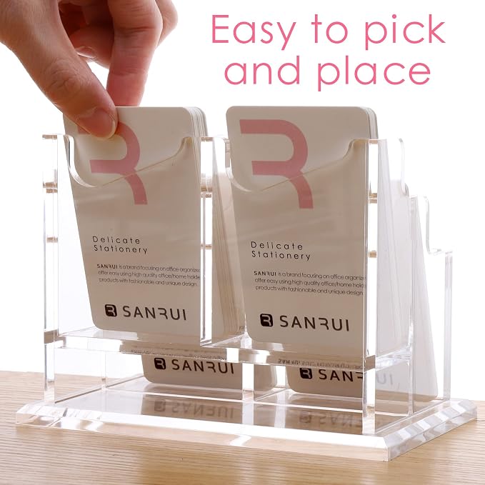 SANRUI Vertical Business Card Holder for Desk，Clear Acrylic Business Card Display Stand，4 Slots 2 Tier ，Holds 200 Cards