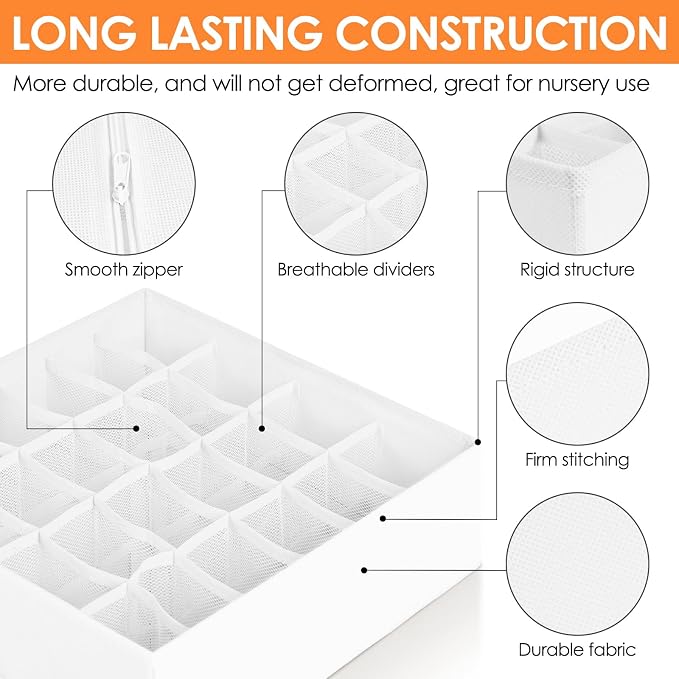 6 Pack Sock Underwear Drawer Organizer Dividers, 58 Cell Foldable Fabric Dresser Closet Organizers and Storage Bins for Clothing, Baby Clothes, Bra, Panty, Scarf, Ties (White)