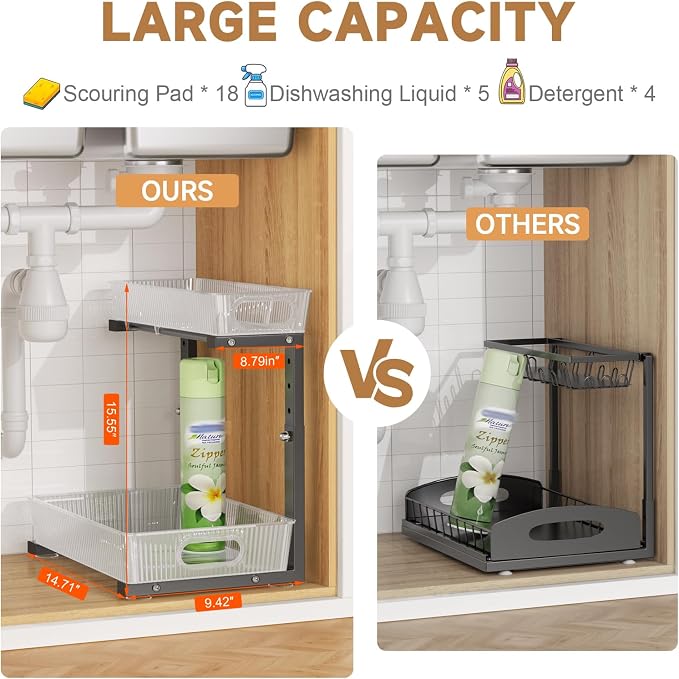 ETOYA 2 Pack Under Sink Organizer Kitchen, 2-Tier Pull Out Cabinet Organizer, L-Shaped Adjustable Height, Acrylic Under Sink Storage Shelf for Kitchen, Bathroom Vanity & Utility Closet