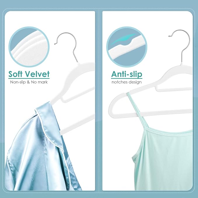 DUDUCOFU Velvet Hangers Non Slip Felt Hangers, 50 Pack White Velvet Clothes Hangers Space Saving Slim with 360 Degree Swivel Hook for Suits Coats, Jackets, Pants, and Dress Clothes