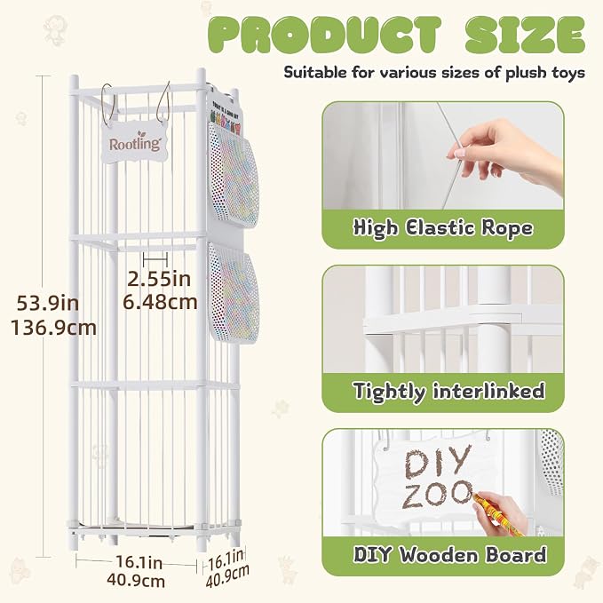 Stuffed Animal Storage & Organizer, 54 inch Tall Wooden Cute Zoo Toy Holder w/Building Block Storage Bag, Premium Wooden Material with Elastic Cord For Toddler Rooms, Playrooms (White, Large)
