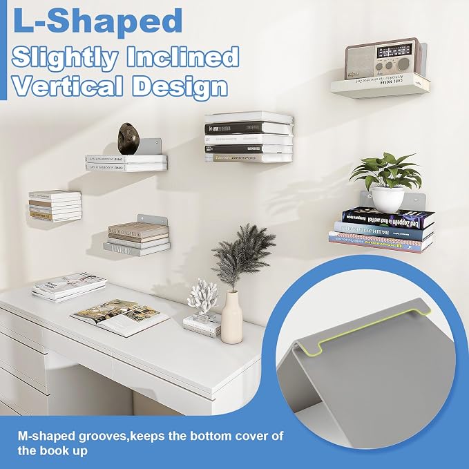 FENTEC Floating Book Shelves for Wall, Wall Mounted Floating Bookshelf, Heavy-Duty Hanging Bookshelves, Hidden Book Shelf Metal Wall Book Holder for Bedroom Living Room Home Office, 6-Pack Gray