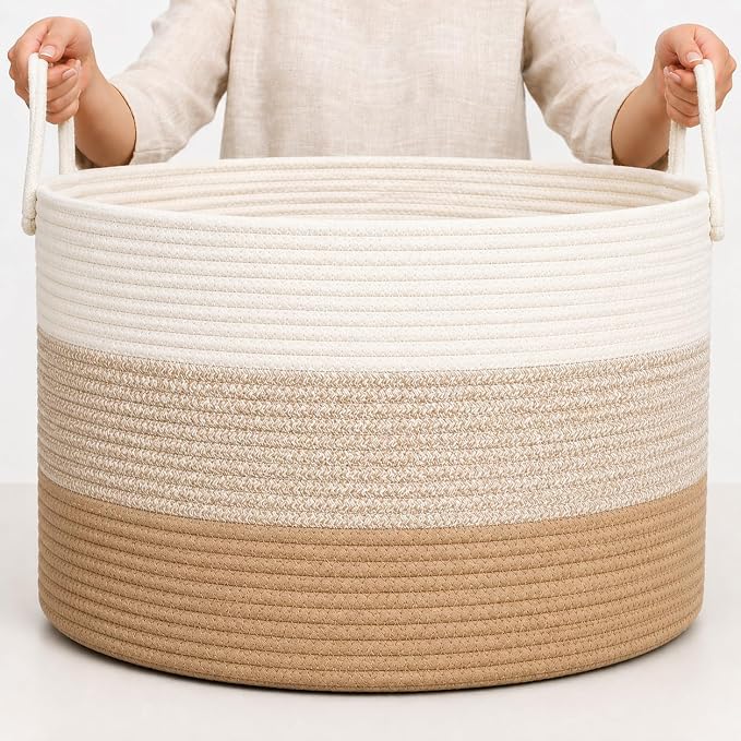 OrganiHaus Round Toy Basket & Blanket Basket, Cotton Rope 20x13" | 3-Toned Honey - Round Cotton Rope Basket, 20x13"