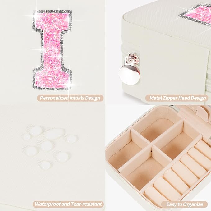 Uygafly Personalized Jewelry Case for Women Girls - Fashion Mini Jewelry Boxes - Trendy Travel Jewelry Organizer with Initials Letter - Teen Gifts | Cream,I