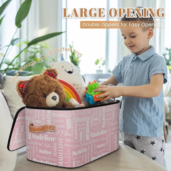 Custom Storage Basket with Name, Personalized Keepsake Box with Zipper Lid, Foldable Fabric Memory Bin Large capacity with Handle Pink