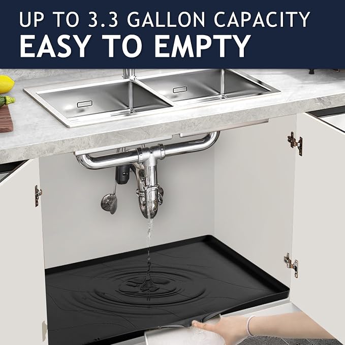 Premium Under Sink Mats for Kitchen Waterproof 34" x 22", Extra Thick Non-Slip Silicone Under Sink Liner Drip Tray, Raised Edge Under Sink Cabinet Mat ,Prevent Drips, Leaks, Spills,Black