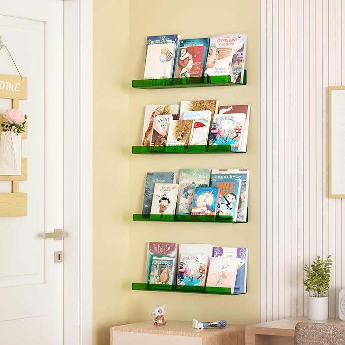 upsimples 4 Pcs 15" Acrylic Shelves for Wall Decor and Display, Green | Cute Floating Shelf for Perfume, Skincare, Nail Polish, Wall Organizer for Bedroom, Living Room, Playroom, Room Décor