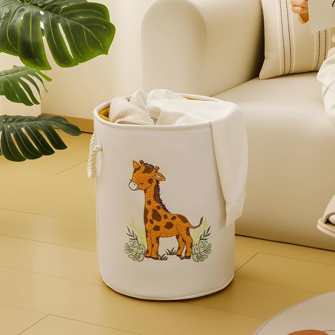 Kids Laundry Basket Baby Hamper for Nursery, Canvas Dirty Clothes Hampers with Drawstring Closure, Jungle Theme Baby Basket, Animal Baskets for Toys Laundry Hamper, Safari Nursery Decor, Giraffe
