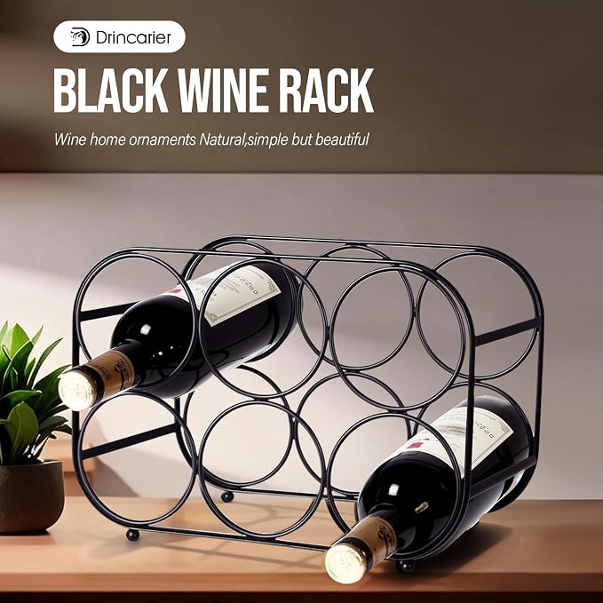 Countertop Wine Rack - 6 Bottle Freestanding Modern Black Metal Small Wine Rack - Tabletop Wine Holder Stand for Cabinet, Pantry, Wine Bottle Storage