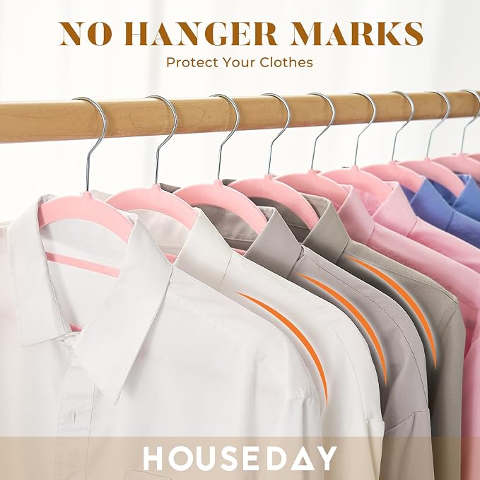 HOUSE DAY Premium Velvet Hangers 60 Pack, Non-Slip Hangers with Tie Bar | Elegance Pink Standard Clothes Hanger Slim Felt Hanger with 360° Swivel Hook for Closet Organized Storage，72g/Pc