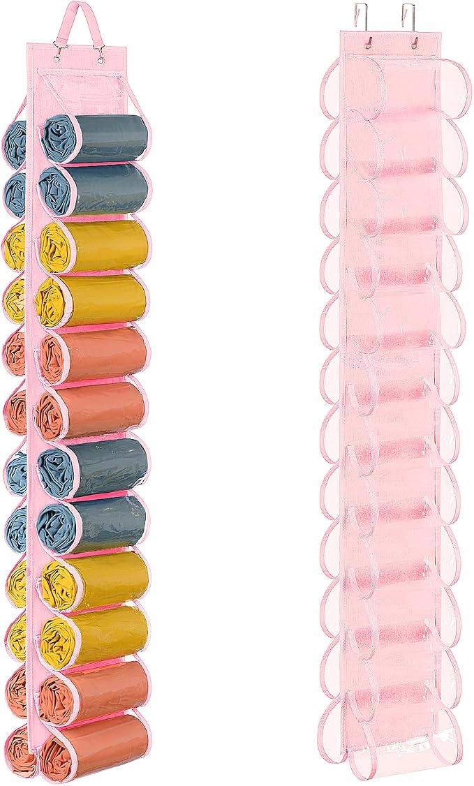 Lirex Hanging Yoga Legging Storage Organizer with 24 Pockets, Foldable Oxford Cloth Hanging Closet Organizer Shirts Jeans Storage Hanger Socks Holder for Family Closet Bedroom, Pink