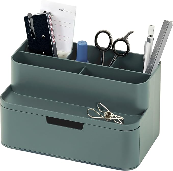 BLUE GINKGO Compact Desk Organizer – Small 5-Compartment, Half Drawer Storage – Pen Holder, Stationery Organizer for Desktop, Vanity, Shelf (Made in Korea, Green)