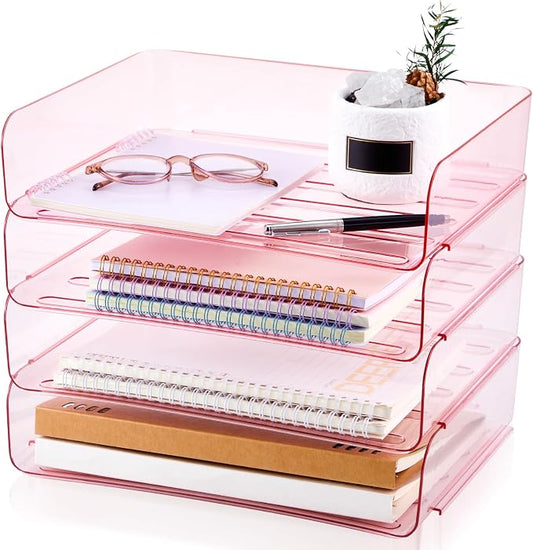 Harloon 4 Tier Pink Acrylic Paper Organizer 13 x 9.8 x 3 Inches Letter Tray Desk File Organizer Stackable Documents Clear Letter Paper Holder Office Tray for A4, Office Home File Desktop Storage