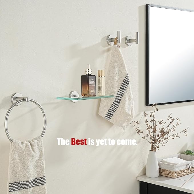 JQK Bathroom Glass Shelf, Tempered Glass Shower Storage 8 by 5 inches, 304 Stainless Steel Brushed Finish Wall Mount, TGS101L8-BN