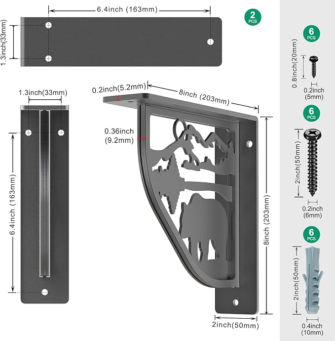 SELEWARE Black Heavy Duty Shelf Brackets, L 8" x H 8" x W 2" Wall Mount Decorative Shelving Brackets, 1/5" Thick Metal L Brackets with Mounting Hardware for DIY Floating Shelf (Bear, 2 Pack)