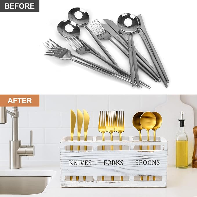Farmhouse Wooden Utensil Caddy Party Cutlery Silverware Holder Small Wood Utensil Holder for Kitchen Counter Decor Flatware Cutlery Organizer Table Flatware Silverware Caddy Spoon and Fork Organizer