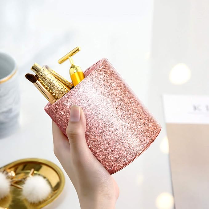 Pen Holder for Desk, Pencil Cup Pink Glitter Bling for Women Girls, Luxury Makeup Brush Holder Large Pu Leather Multi-Functional Organizer Cup for Office, Classroom, Home, Rose Gold