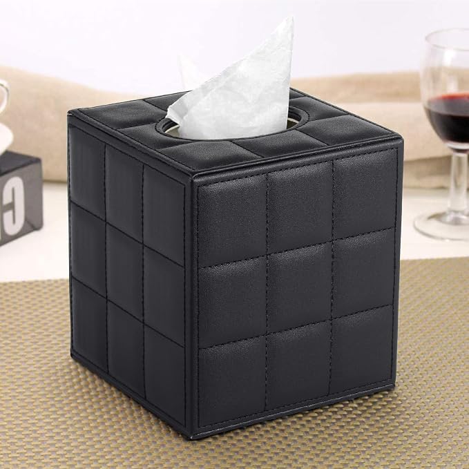 Tissue Box Cover Square Tissue Box Holder PU Leather Facial Organizer with Magnetic Bottom,Decorative Napkin Caddy for Vanity Dresser Night Stand Table Countertop Home Office Car,Black
