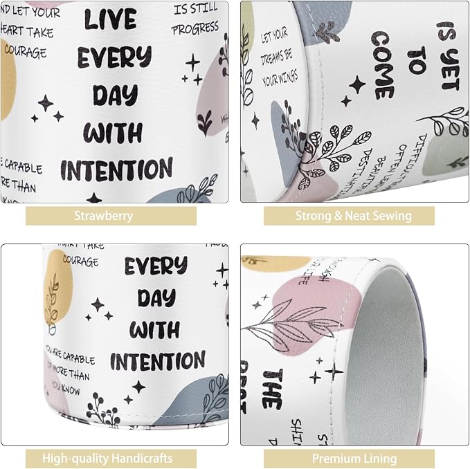 Pen Holder Cute, Pencil Cup, Makeup Brush Holder, Multi-Functional Round Leather Pen Supply Organizer for Teens Adults, Inspiring Words Pattern
