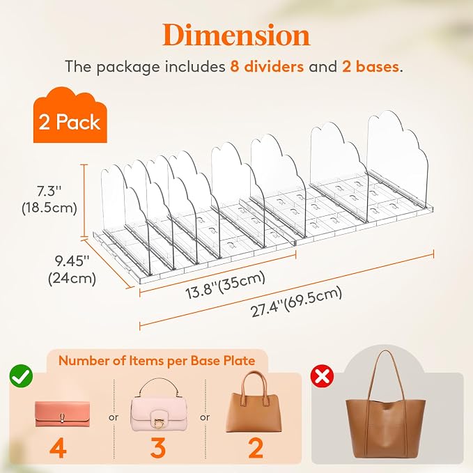 Lifewit Purse Organizer for Closet, Clear Handbags Storage Organizer, Adjustable Clutch Purse Storage Organizer Holder for Closet, 2 Pack Bookshelf Dividers for Sweater in Bedroom 35 x 24 cm/14 × 9.5"