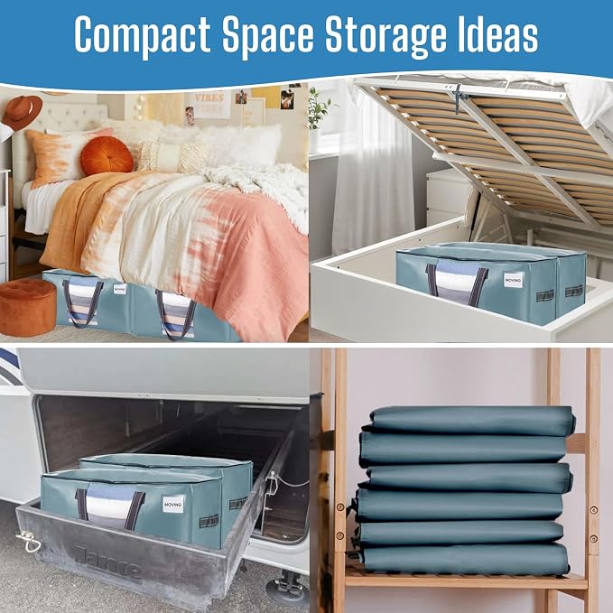 VENO 4 Pack Heavy Duty Moving Bags, Clothes and Comforter Storage Bags with Clear Window, College Dorm Essentials Packing Supplies, Foldable Boxes Alternative (Shiny Light Blue, 4 Pack)