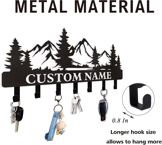 Dyoart Personalized Custom Mountain Theme Key Holder with Name, Metal Wall Mount, Coat Rack, Key Hooks, Home Decor Gift