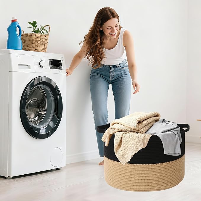 65L Large Blanket Basket,Woven Rope Laundry Basket Hamper with Handles,Decorative Nursery Basket Storage Bin for Toys, Pillows , Clothes Organizer, Living Room, Bedroom, Bathroom, Black&Camel