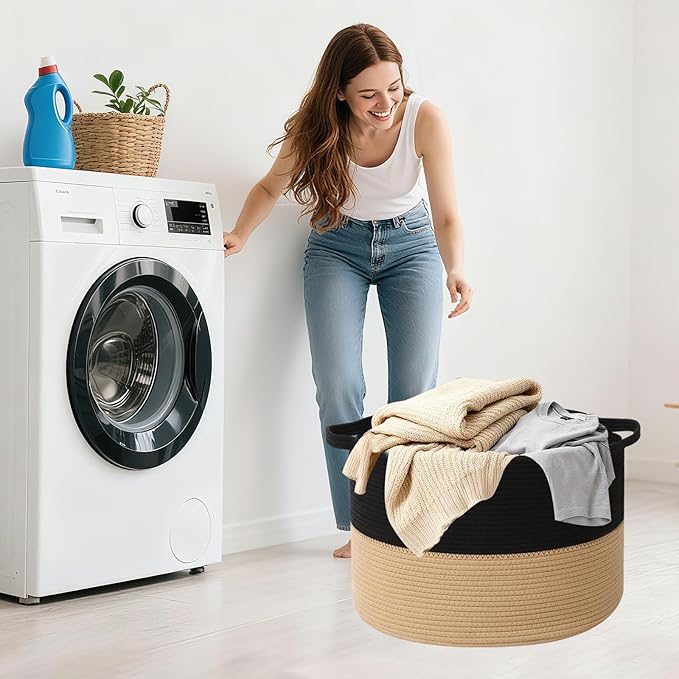 115L Extra Large Blanket Basket,Woven Rope Laundry Basket Hamper with Handles, Decorative Nursery Basket Storage Bin for Toys, Clothes Organizer, Living Room, Bedroom, Bathroom, Black&Camel