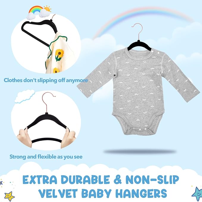 HOUSE DAY Velvet Baby Hangers for Closet, Kids Hangers Velvet 60 Pack, Non Slip Toddler Hanger 11.8 Inch, Durable Childrens Hanger for Newborn Baby Clothes- Black
