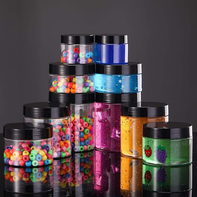 SATINIOR 12 Pack 10 oz Plastic Container Jars with Lids Round Clear Travel Cosmetic Container Slime Jars for Toiletries, Lotion, Cream, Ointments, Makeup, Rhinestone, Samples, Kitchen Storage(Black)