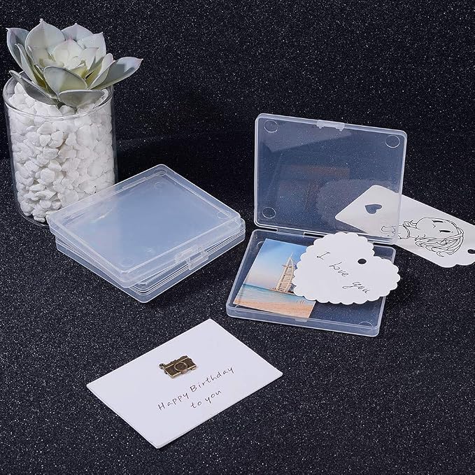 BENECREAT 18 Pack Rectangle Clear Plastic Bead Storage Containers Box Drawer Organizers with Lid for Beads Cards and Other Craft Accessories - 3.3x3x0.47 Inches