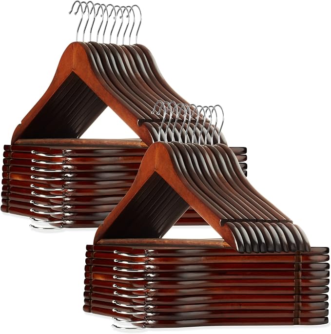 Casafield - 40 Walnut Wooden Suit Hangers - Premium Lotus Wood with Notches & Chrome Swivel Hook for Dress Clothes, Coats, Jackets, Pants, Shirts, Skirts