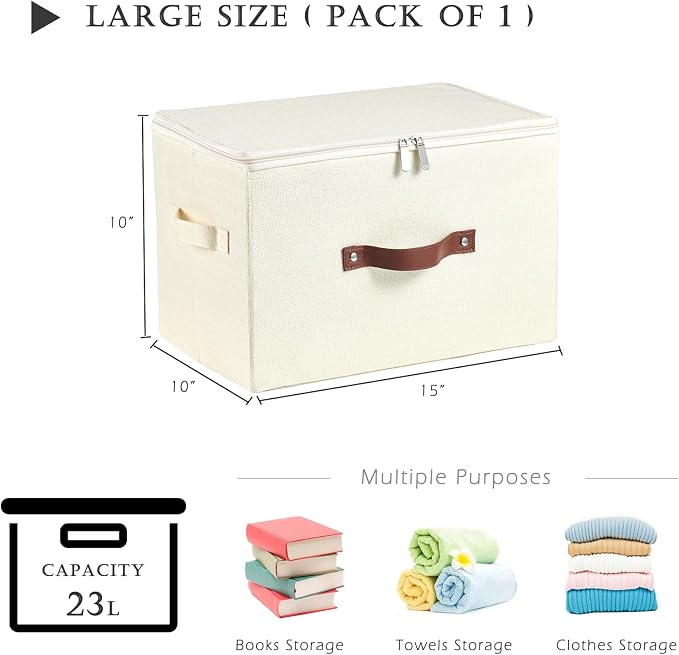 Storage Bins with Zipper Lid Cotton Linen Fabric Lidded Storage Baskets Boxes Foldable Washable Closet Shelf Clothes Organizer Container with PU Leather Handles (Beige, Large Size)