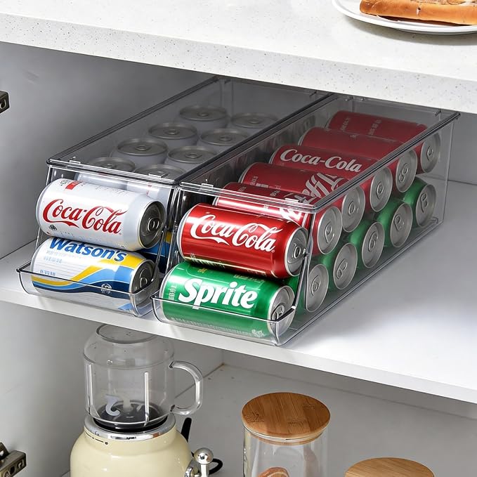 Adjustable Soda Can Dispenser for Refrigerator –Expandable Width PET Drink Organizer, Stackable Space-Saving Fridge Organizer for Cans & Bottles – 2 Pack