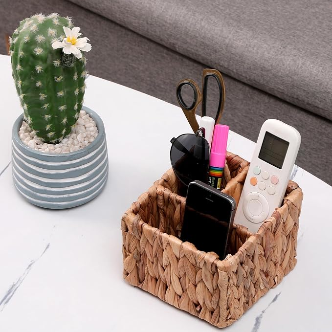 Wicker Remote Control Holder Hand Woven Water Hyacinth Storage Basket with 3 Compartments,Cosmetic Storage Box for Desk,Home Organization