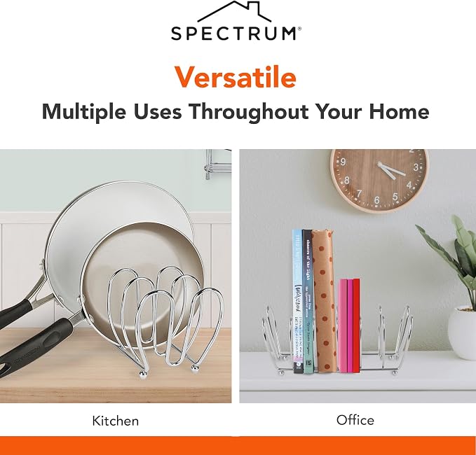 Spectrum Kitchen Cabinet Organizer Rack for Pots Pans and Lids Chrome Metal Holder for Cutting Boards Cookie Sheets and Bakeware Storage 7 Slots Cabinet Shelf Rack