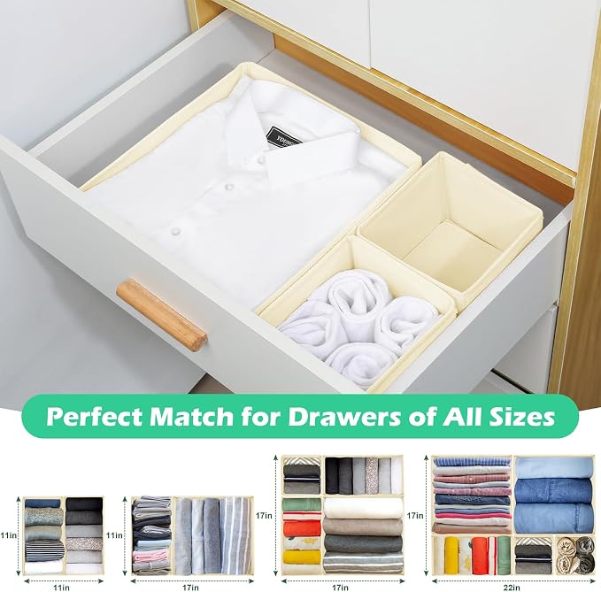 Drawer Clothing Organizer 16-Pack, Beige 3-Size Underwear Drawer Dividers, Fabric Folding Wardrobe Organizer for Baby Clothes, Bras, Underwear, Panties, Belts, Socks, Ties