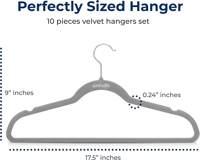 SereneLife Velvet Hangers – 10 Pack, Slim & Space Saving for Closets | Soft Velvet Grip Prevents Slipping On Silk, Satin & Knitwear – 360° Swivel Hook Fits All Standard Closet Rods