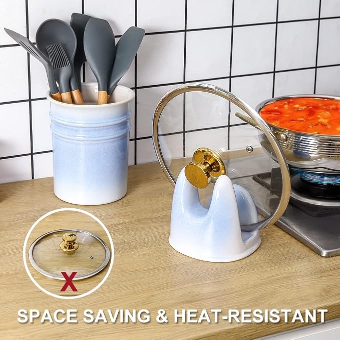 Nihow Ceramic Pot Lid Holder While Cooking for Kitchen Counter/Stove Top | Catch Water & Oil Drips,Stable & Secure,Heat Resistant,Easy to Clean & Dishwasher Safe,Space-Saving,Multi-Purpose Holder