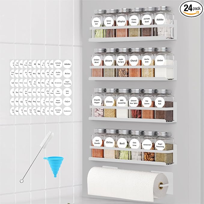 Magnetic Spice Rack with Jars Magnetic Spice Rack for Refrigerator 24 Spice Jars with Label Magnetic Shelves for Fridge 4 Pack White