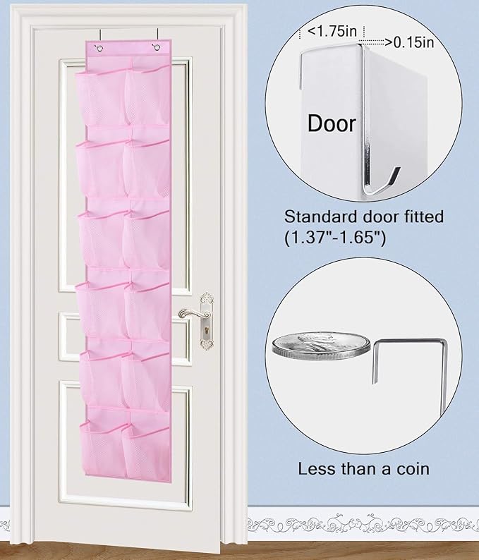 MISSLO Over The Door Shoe Organizer 12 Large Mesh Pockets Hanging Narrow Closet Door, Baby Hanging Shoe Rack Kids Closet Storage bags for Girl Women Men Toddler Nursery, Pink, 2 Pack