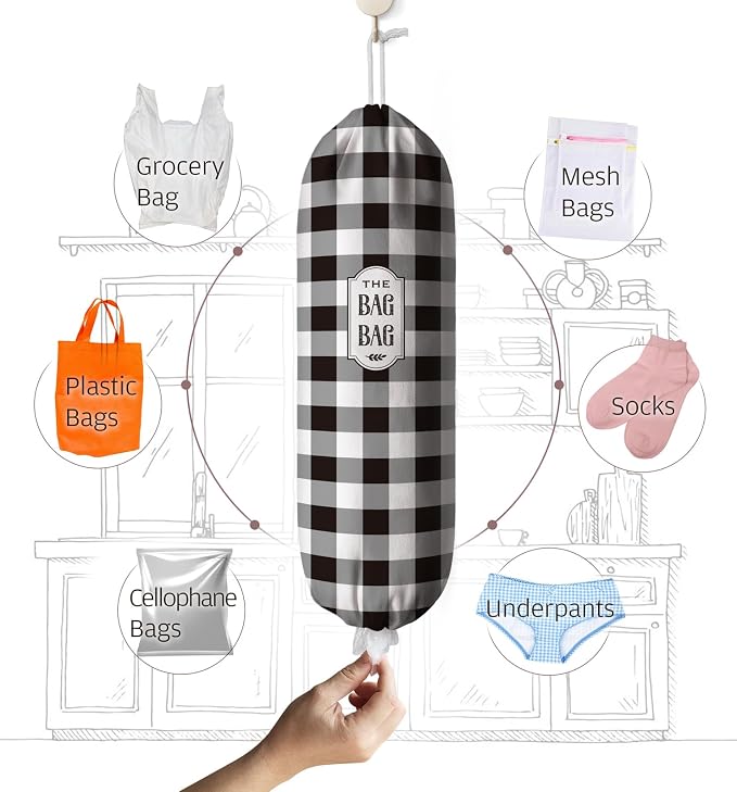 Grocery Bag Holder Black White Checked Plastic Bags Holder Organizer Storage Buffalo Plaid Bag Holder for Plastic Trash Bags Cute Farmhouse Kitchen Decor