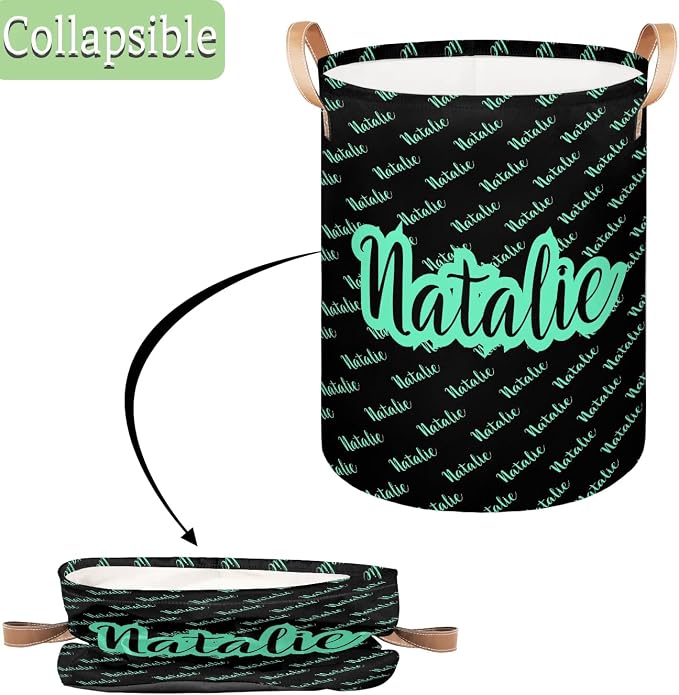 Personalized Laundry Basket, Custom Gift Laundry Hamper, Collapsible Nursery Waterproof Laundry Baskets, Dirty Clothes Toy Hamper with Handles Name Black Green